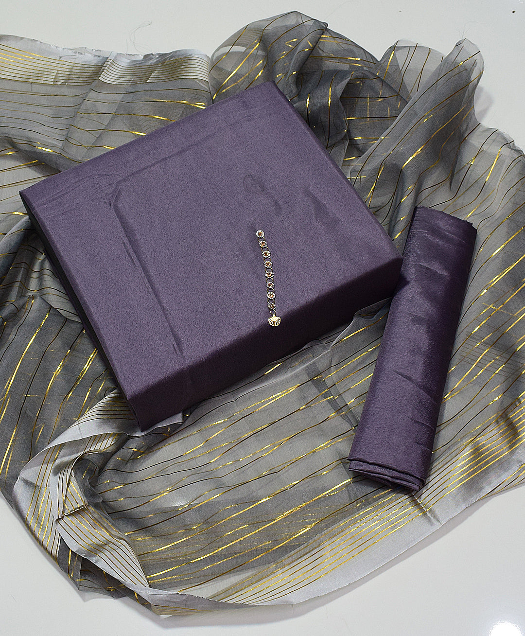 3 PC Unstitched Kataan Silk Shirt & Trouser With Organza Dupatta