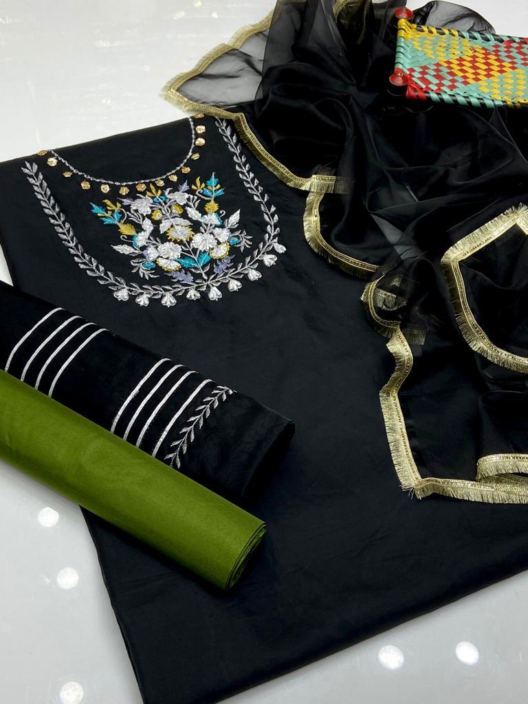 3 PC Unstitched Handmade Organza Shirt & Dupatta With Katan Trouser