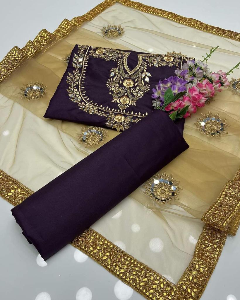 3 PC Unstitched Kathaan Mirror Work Shirt & Dupatta With Kathaan Trouser