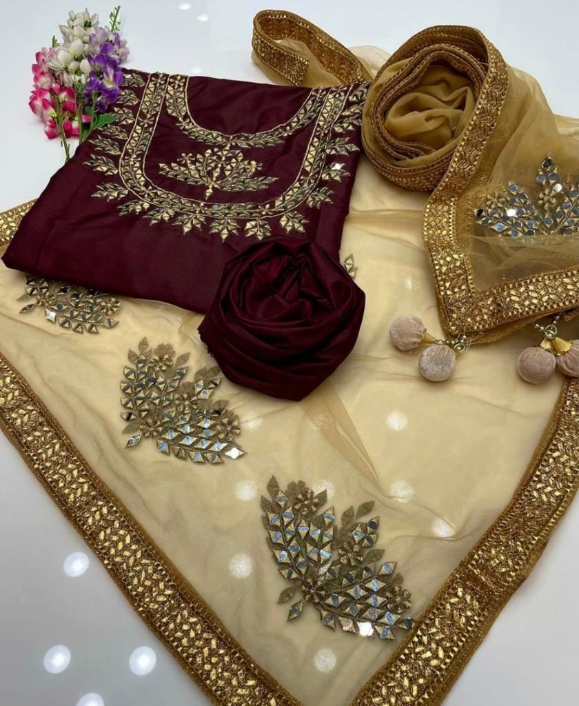 3 PC Unstitched Kathaan Shirt & Trouser With Net Mirror Dupatta