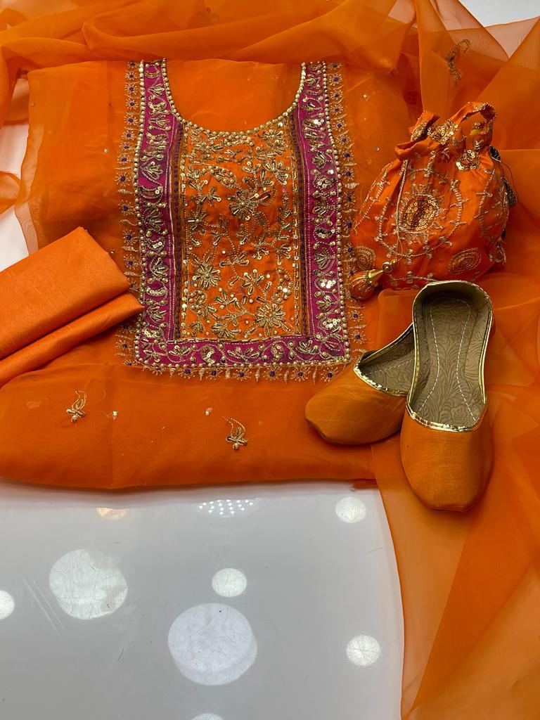 3 PC Unstitched Handmade Organza Shirt & Dupatta With Kathaan Trouser