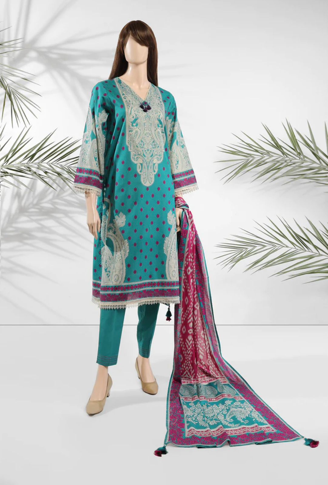 3 PC unstitched Premium Lawn Shirt & Trouser With Dyed Dupatta