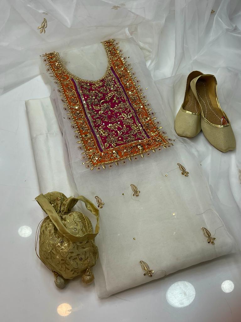 3 PC Unstitched Handmade Organza Shirt & Dupatta With Kathaan Trouser