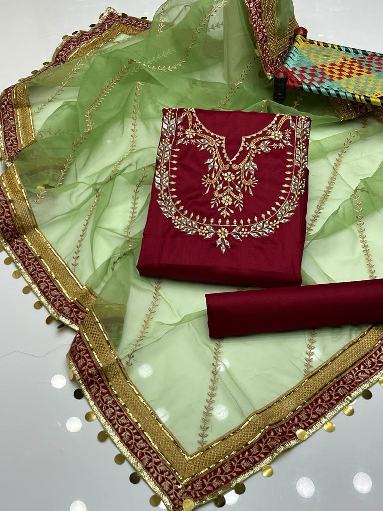 3 PC Unstitched Khatan Shirt & Trouser With Organza Dupatta