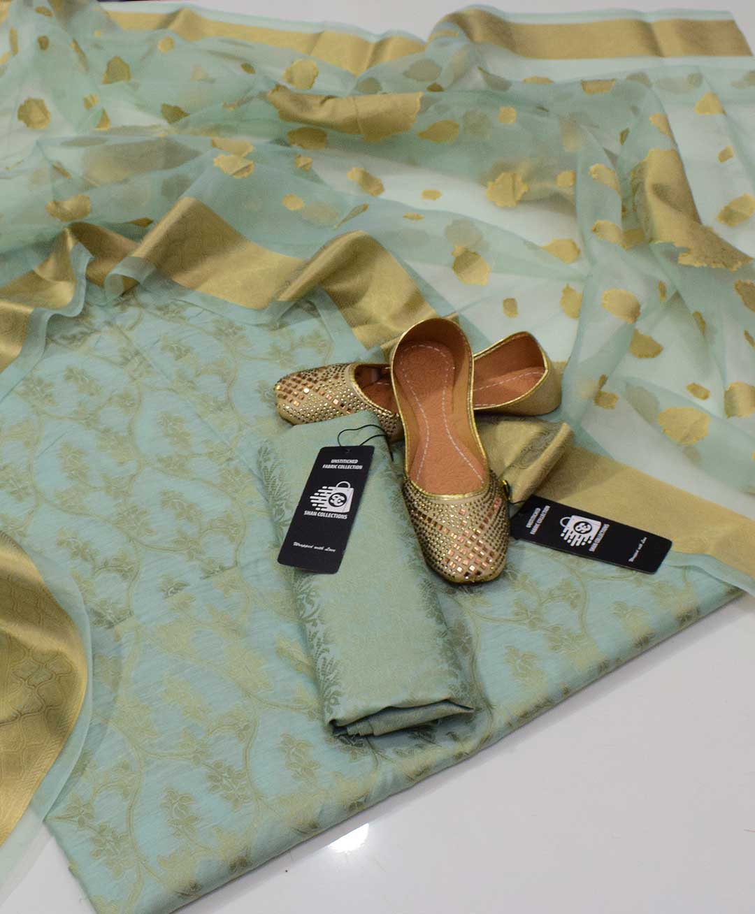 3 PC Paper Cotton Shirt & Trouser With Jacquard Dupatta