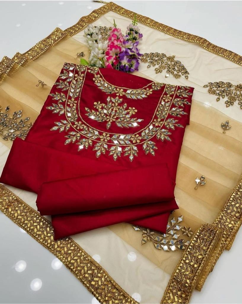 3 PC Unstitched Kathaan Shirt & Trouser With Net Mirror Dupatta