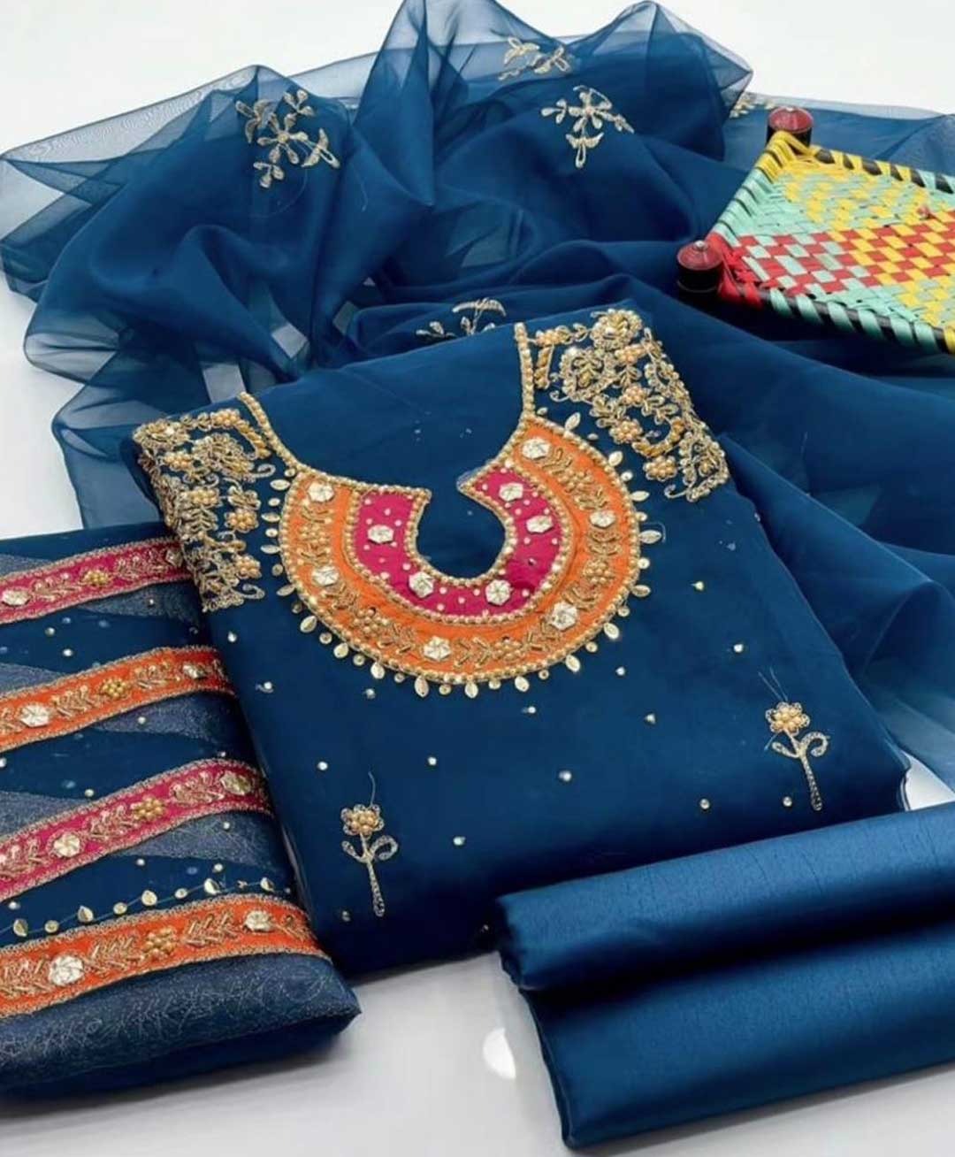 3 PC Handmade Organza Embroidered Shirt & Dupatta With Khatan Trouser