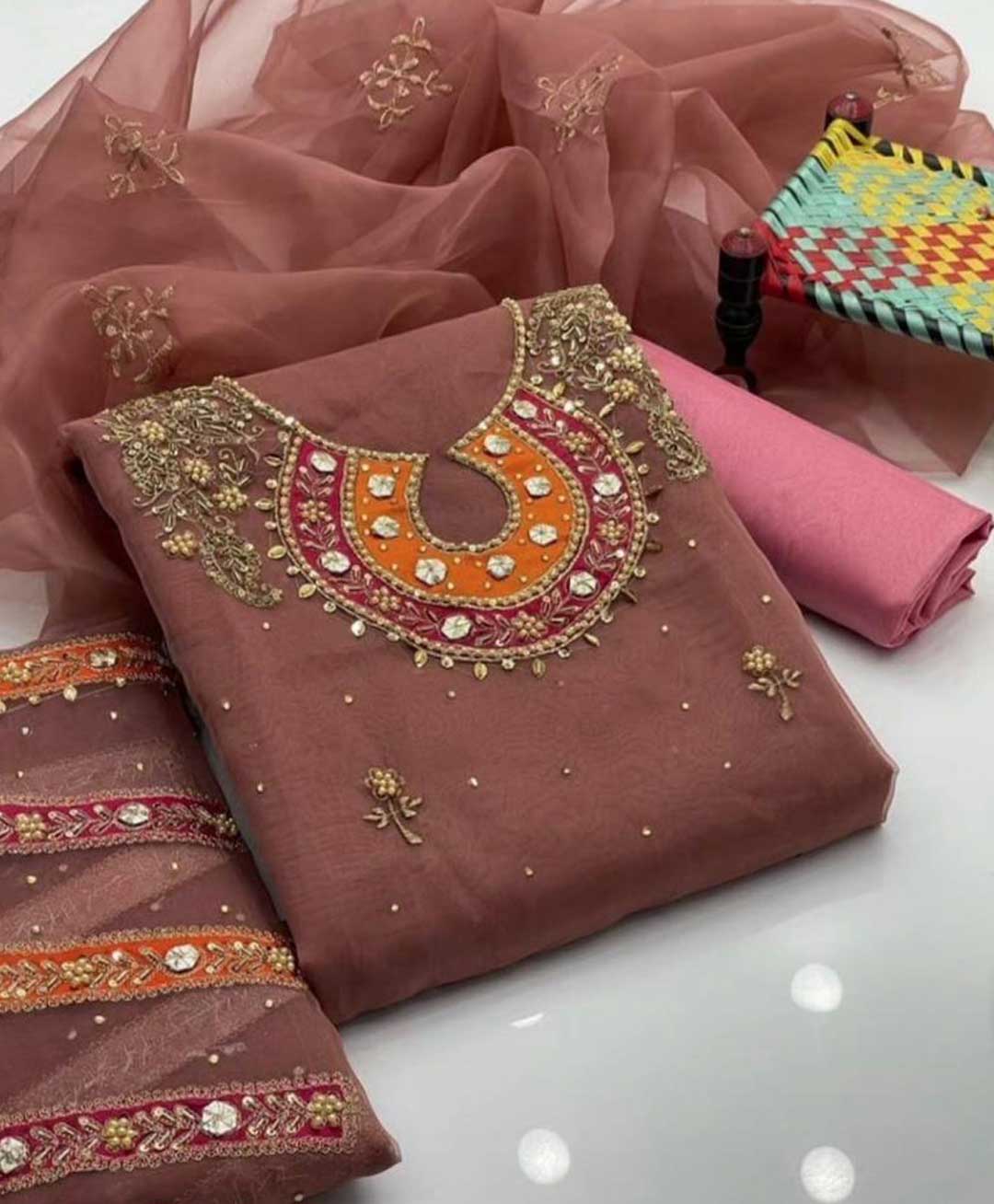 3 PC Handmade Organza Embroidered Shirt & Dupatta With Khatan Trouser