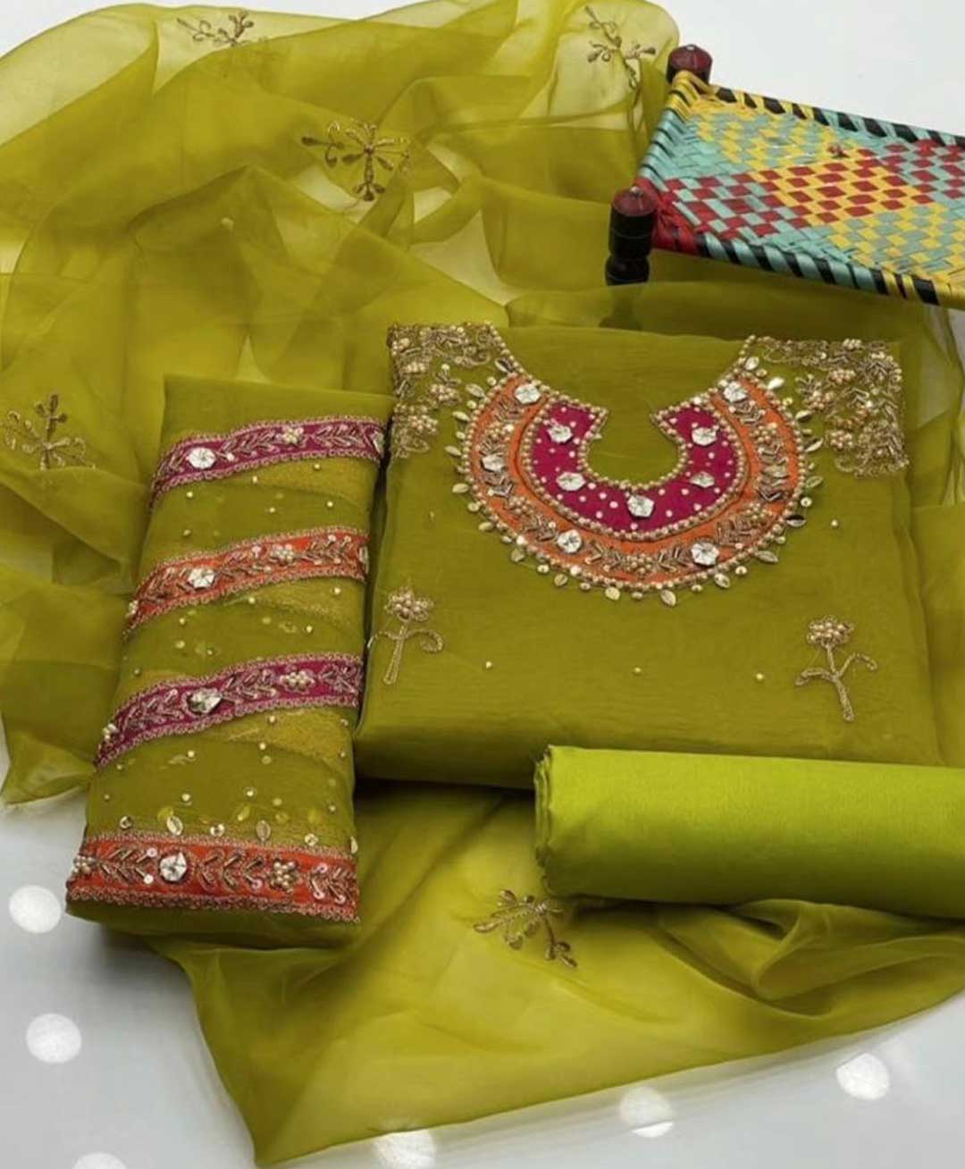 3 PC Handmade Organza Embroidered Shirt & Dupatta With Khatan Trouser