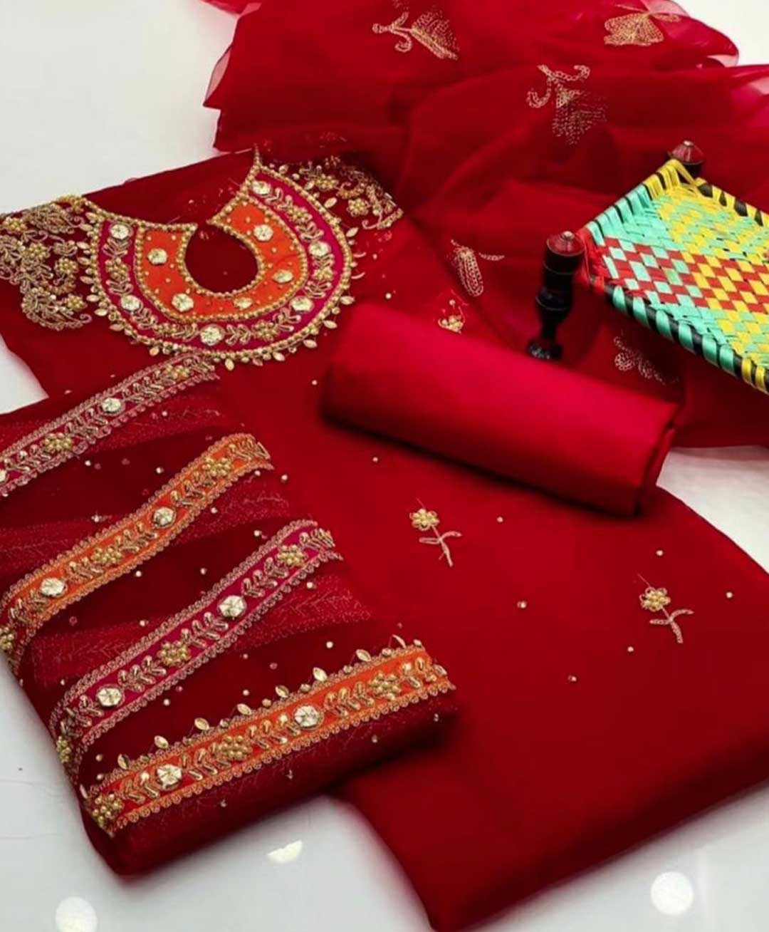 3 PC Handmade Organza Embroidered Shirt & Dupatta With Khatan Trouser