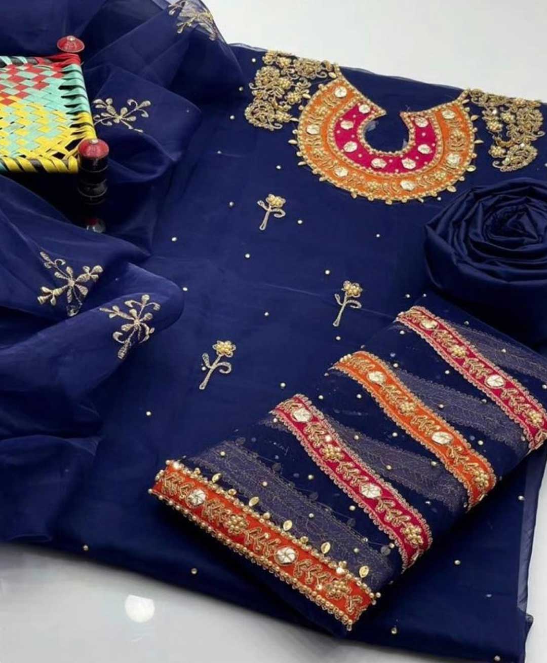 3 PC Handmade Organza Embroidered Shirt & Dupatta With Khatan Trouser