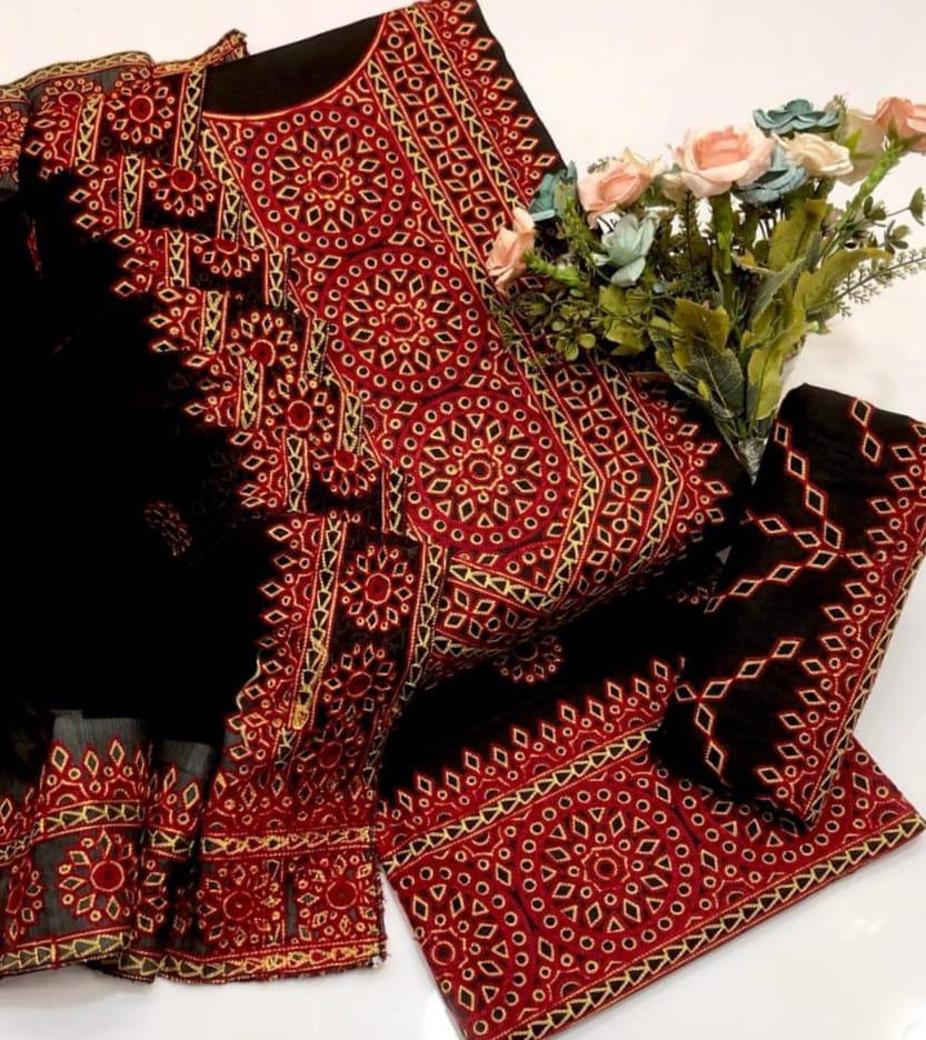 3 PC Unstitched Cotton Lawn Shirt & Trouser With Chiffon Dupatta