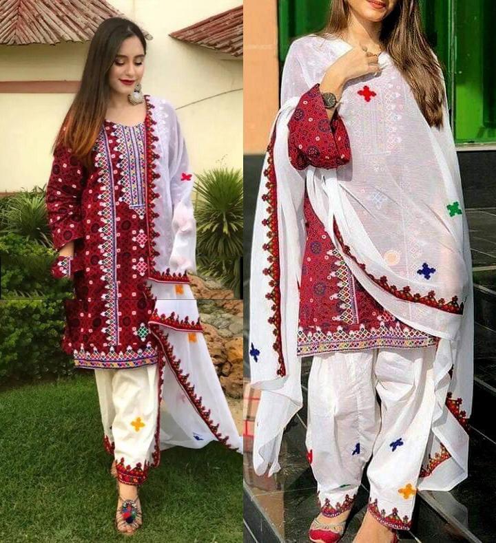 3 PC Unstitched Cotton Gala Daman Embriodered Shirt & Trouser With Chiffon Dupatta