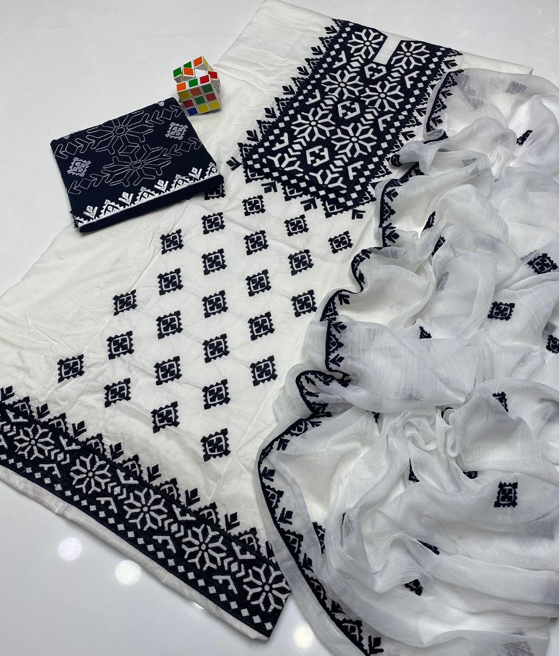 3 PC Unstitched Cotton Shirt & Trouser With Chiffon Dupatta