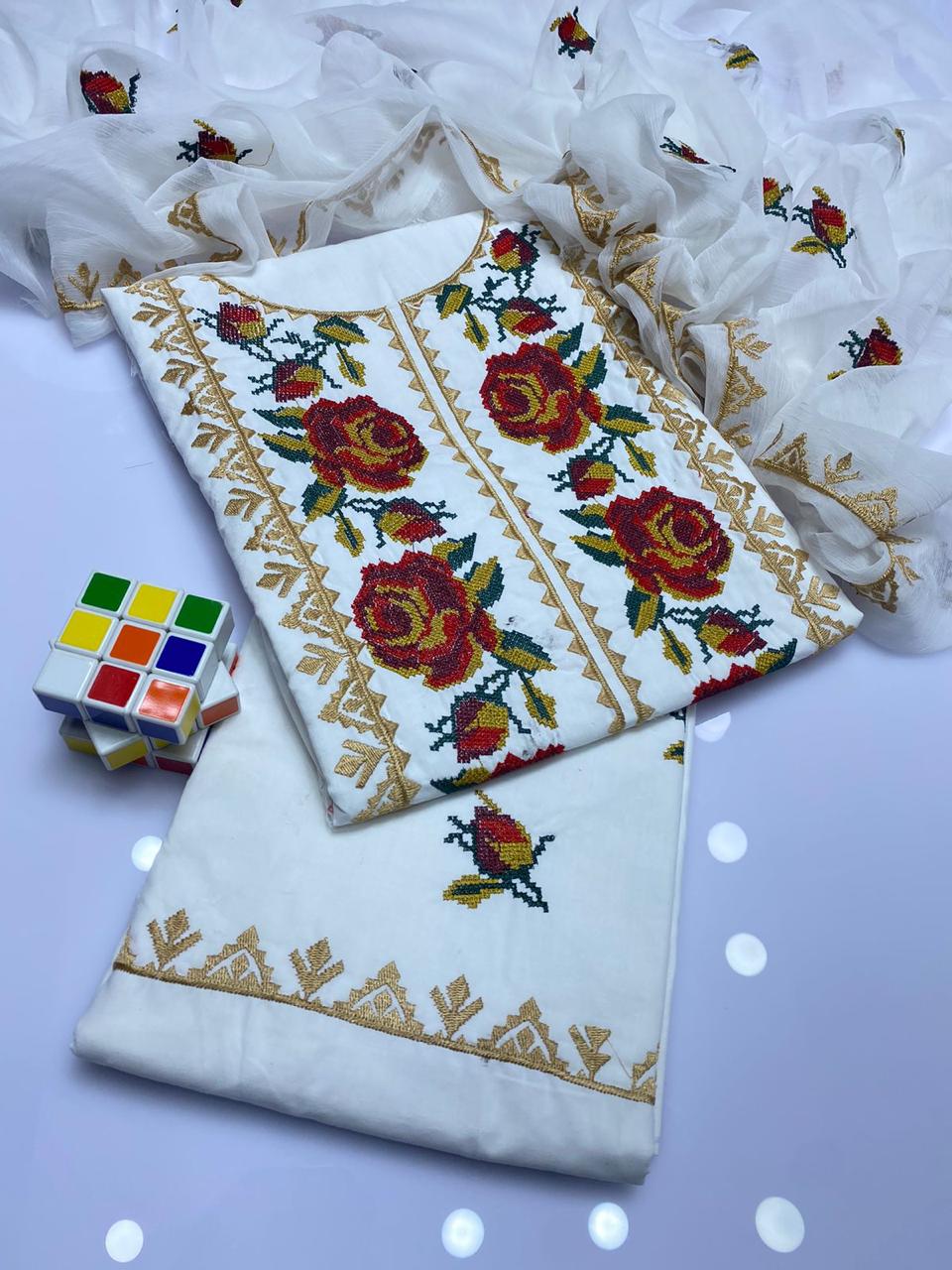 3 PC Unstitched Cotton Lawn Shirt & Trouser With Chiffon Dupatta