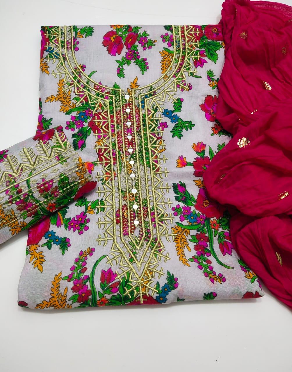 3 PC Unstitched Swiss Lawn Embroidery Shirt & Trouser With Crush Dupatta