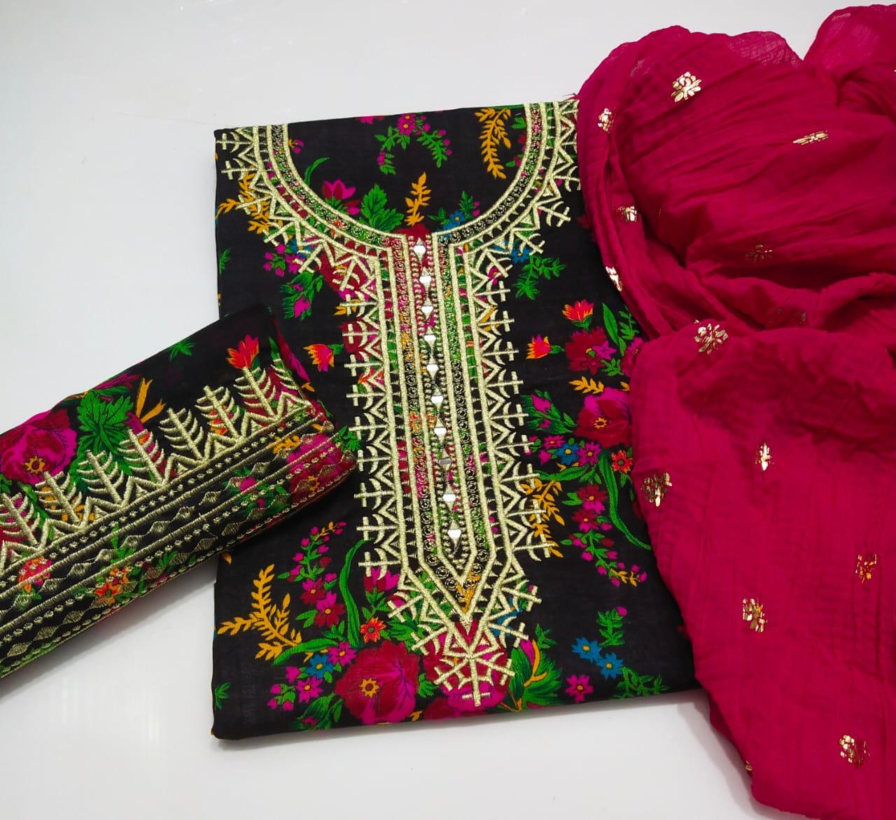 3 PC Unstitched Swiss Lawn Embroidery Shirt & Trouser With Crush Dupatta