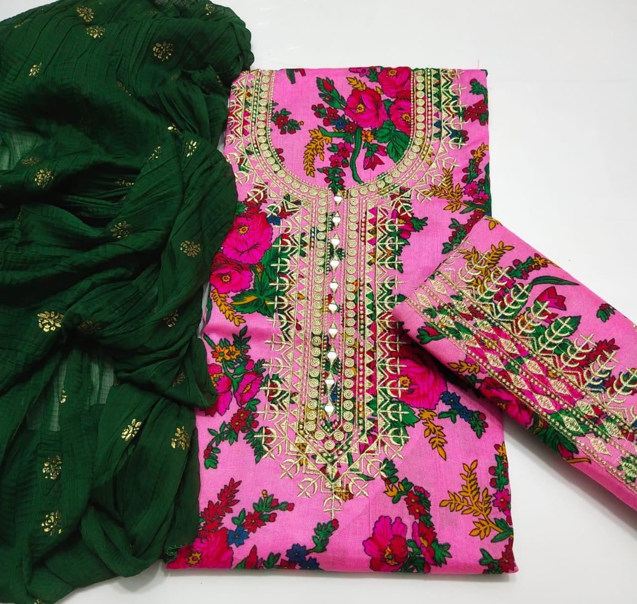 3 PC Unstitched Swiss Lawn Embroidery Shirt & Trouser With Crush Dupatta