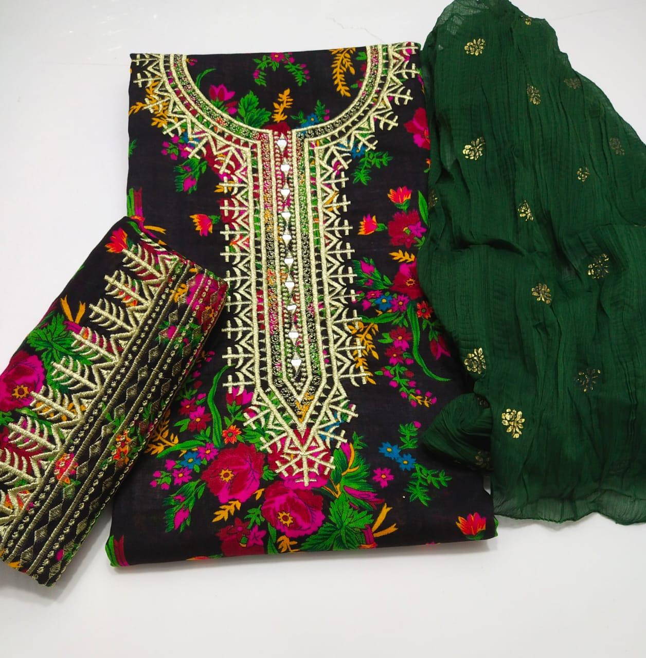 3 PC Unstitched Swiss Lawn Embroidery Shirt & Trouser With Crush Dupatta