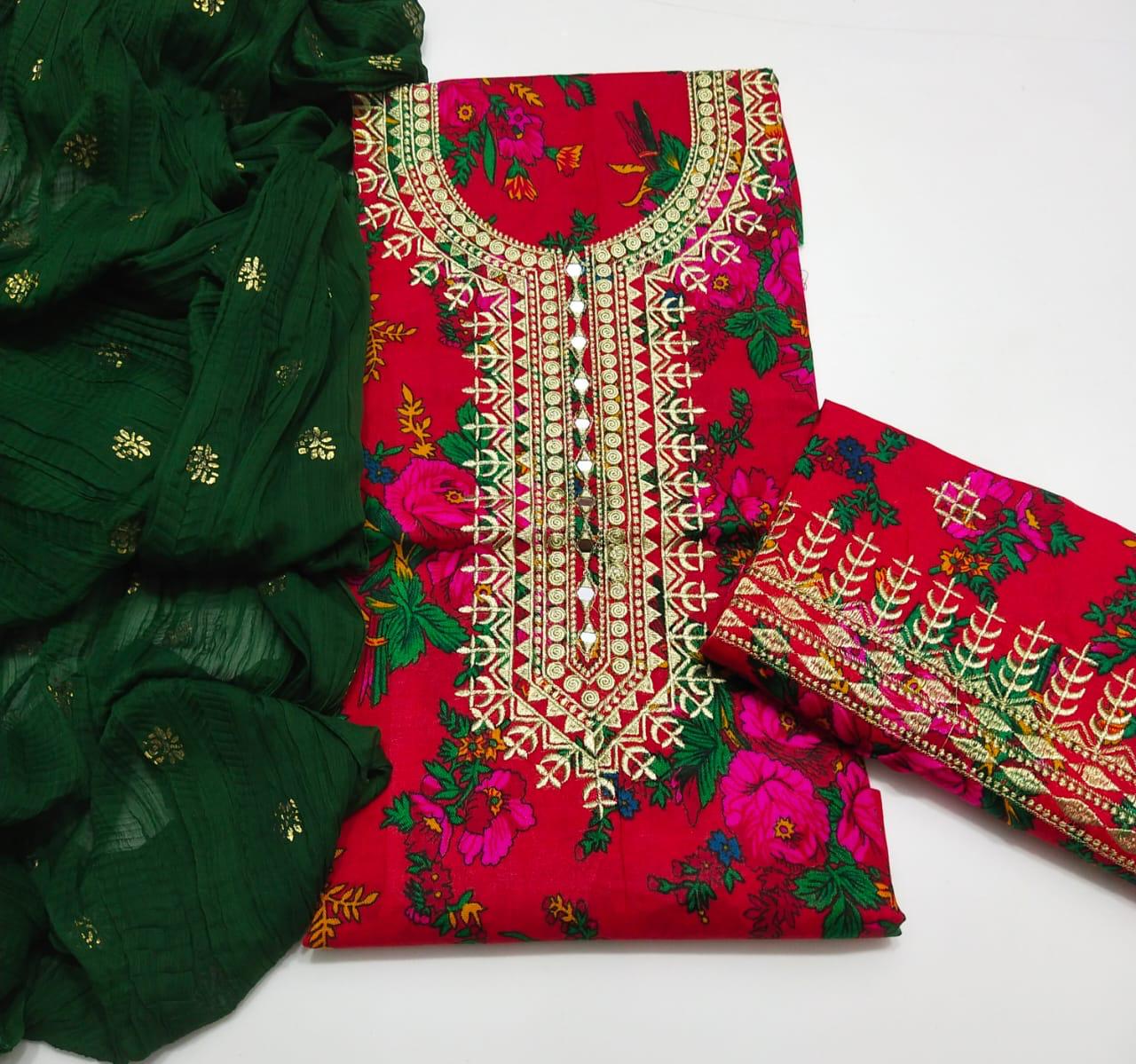 3 PC Unstitched Swiss Lawn Embroidery Shirt & Trouser With Crush Dupatta