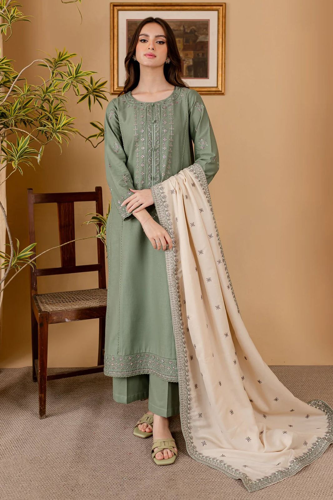 Premium 3PC Embroidered Suit – Airjet Dhanak Fabric • Unstitched Ladies Winter Dress