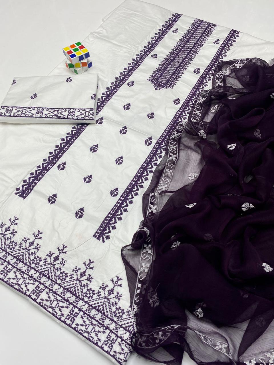 3 PC Unstitched Lawn Cotton Shirt & Trouser With Chiffon Dupatta