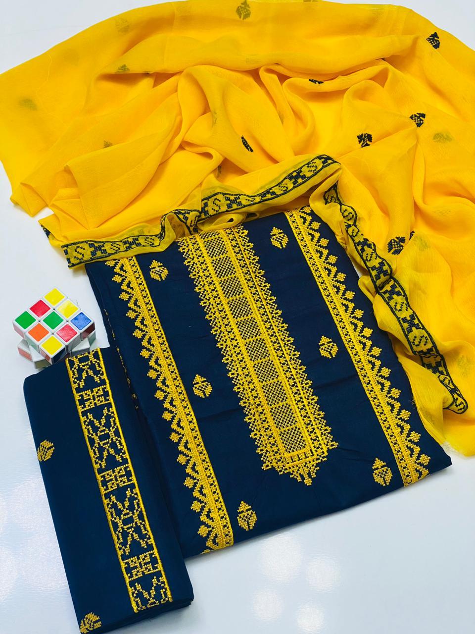 3 PC Unstitched Lawn Cotton Shirt & Trouser With Chiffon Dupatta