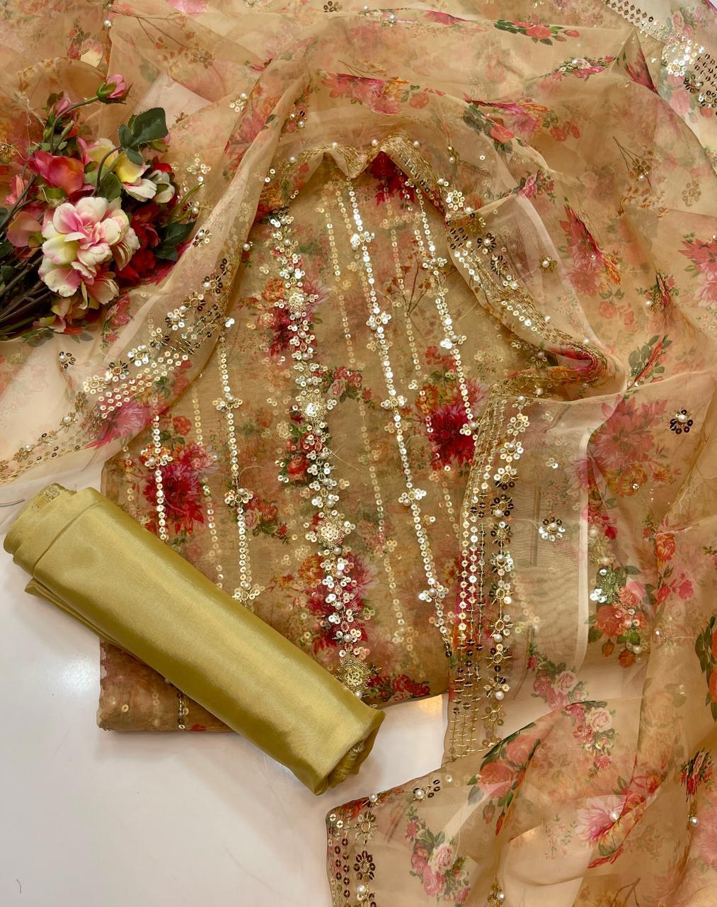 3 PC Unstitched Organza Embroidered Shirt & Dupatta With Kataan Silk Trouser