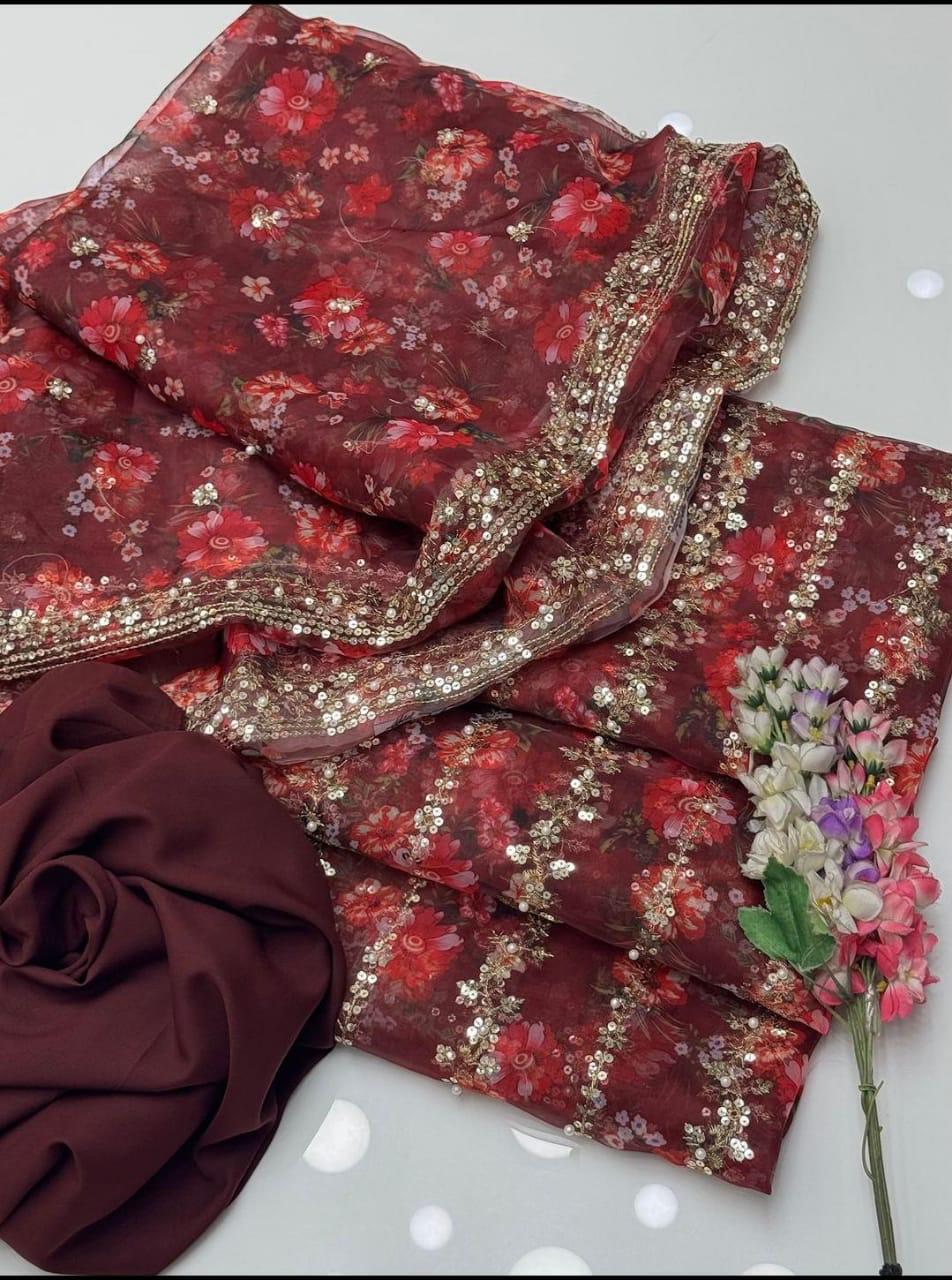 3 PC Unstitched Organza Embroidered Shirt & Dupatta With Kataan Silk Trouser